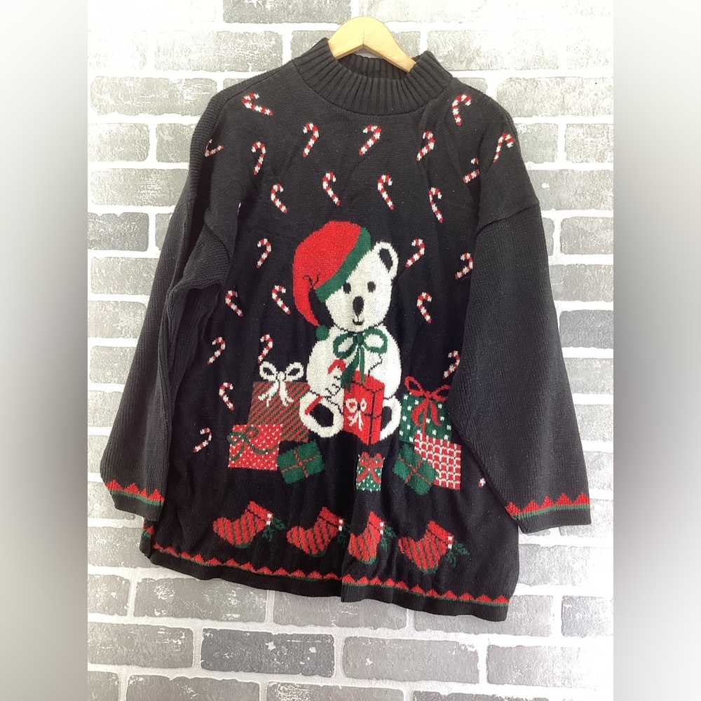 Vtg 90s Streetwear Womens L Christmas Bear Candy Cane Mock Neck Knit Sweater USA
